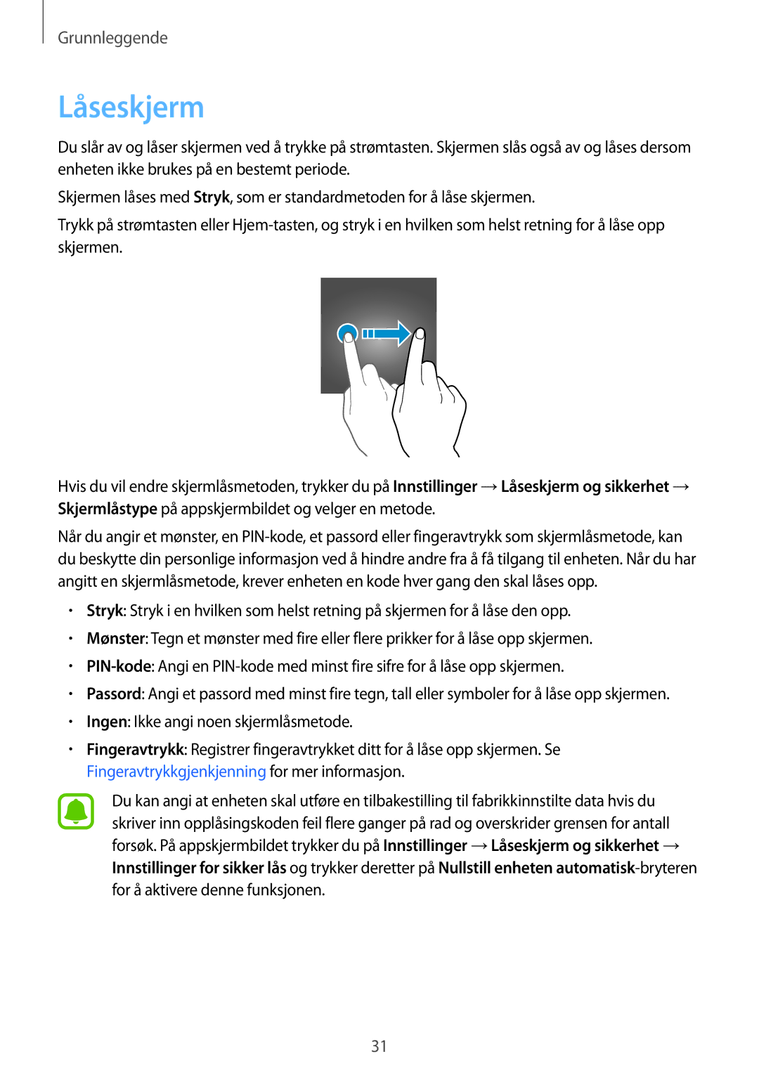 Samsung SM-G920FZWANEE, SM-G920FZBANEE, SM-G920FZKFNEE, SM-G920FZKANEE, SM-G920FZWFNEE, SM-G920FZDANEE manual Låseskjerm 