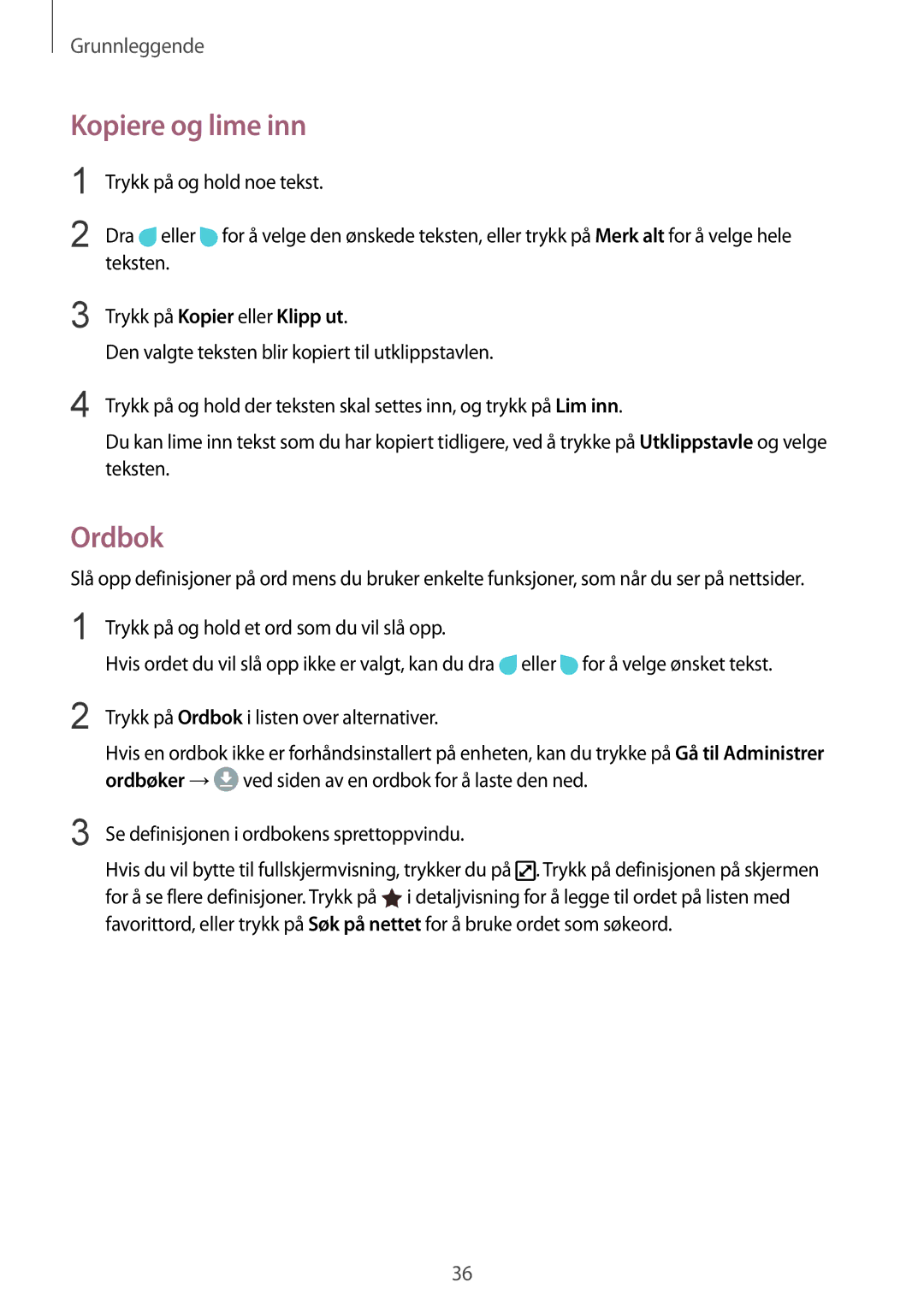 Samsung SM-G920FZBANEE, SM-G920FZWANEE, SM-G920FZKFNEE, SM-G920FZKANEE, SM-G920FZWFNEE manual Kopiere og lime inn, Ordbok 