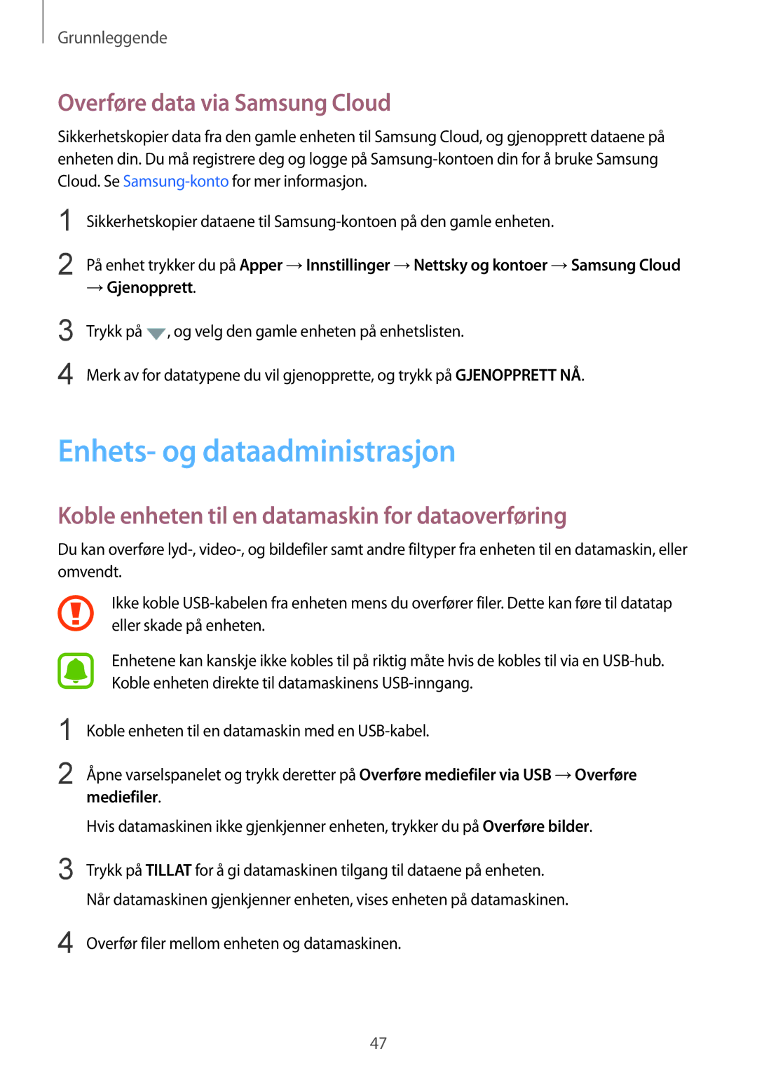 Samsung SM-G920FZDANEE, SM-G920FZBANEE manual Enhets- og dataadministrasjon, Overføre data via Samsung Cloud, → Gjenopprett 