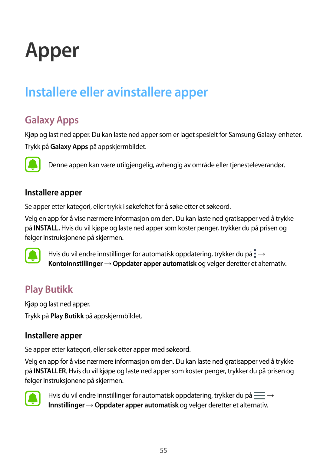 Samsung SM-G920FZWANEE, SM-G920FZBANEE Installere eller avinstallere apper, Galaxy Apps, Play Butikk, Installere apper 