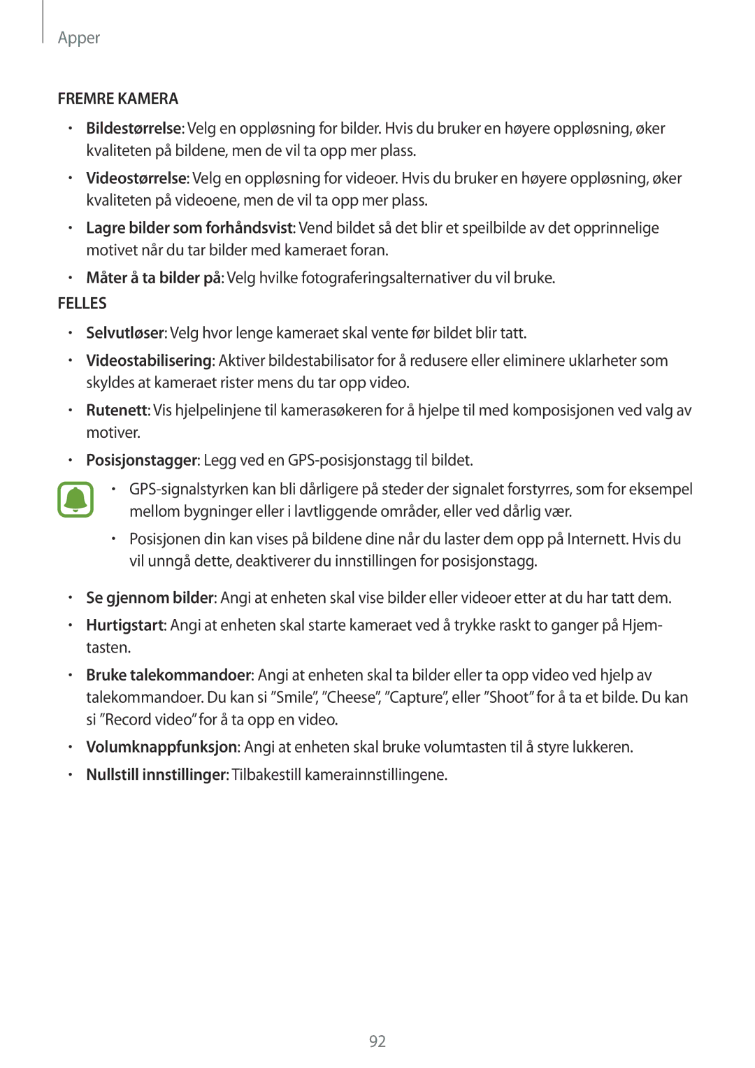 Samsung SM-G920FZKFNEE, SM-G920FZBANEE, SM-G920FZWANEE, SM-G920FZKANEE, SM-G920FZWFNEE, SM-G920FZDANEE manual Fremre Kamera 
