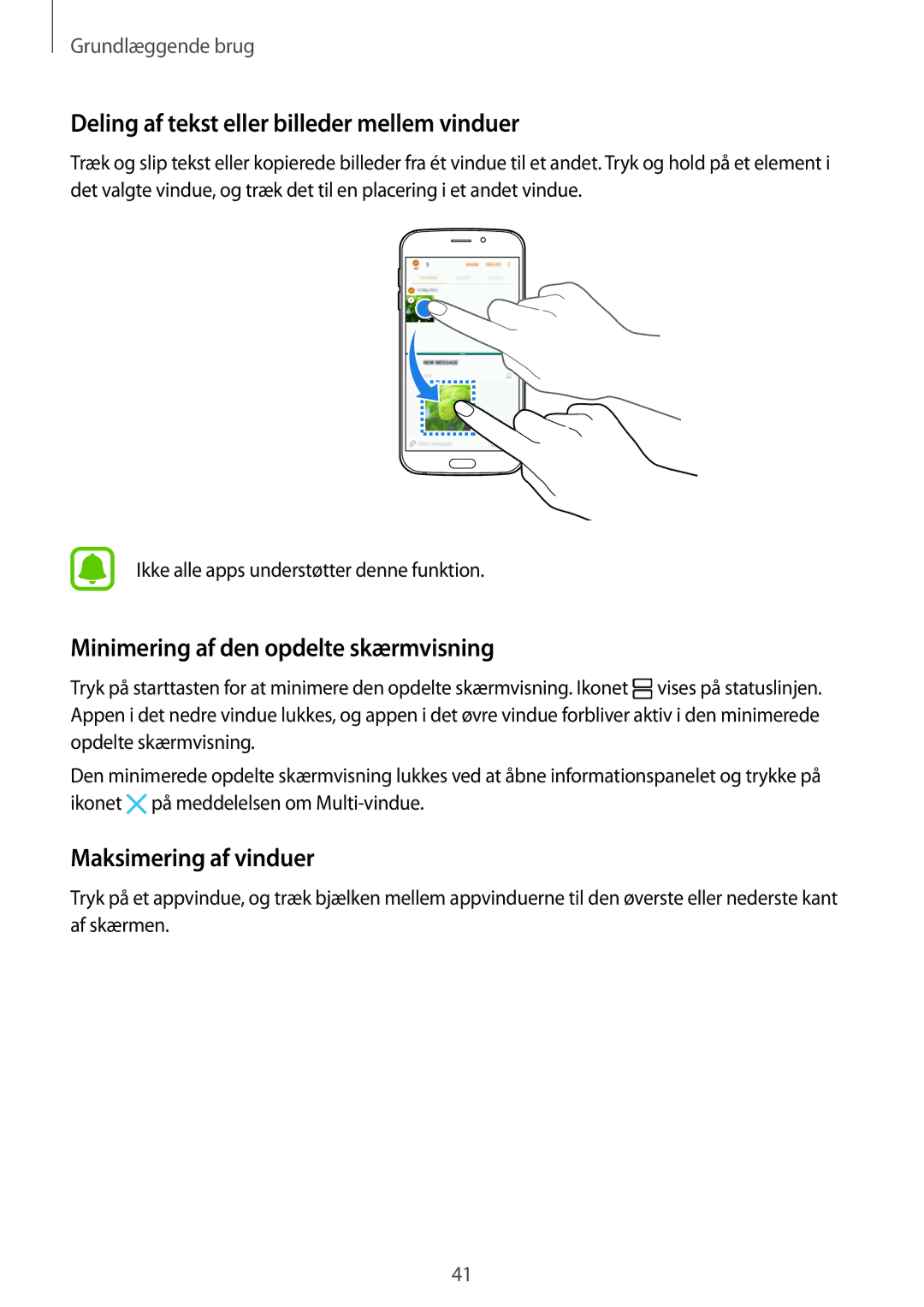 Samsung SM-G920FZDANEE manual Deling af tekst eller billeder mellem vinduer, Minimering af den opdelte skærmvisning 