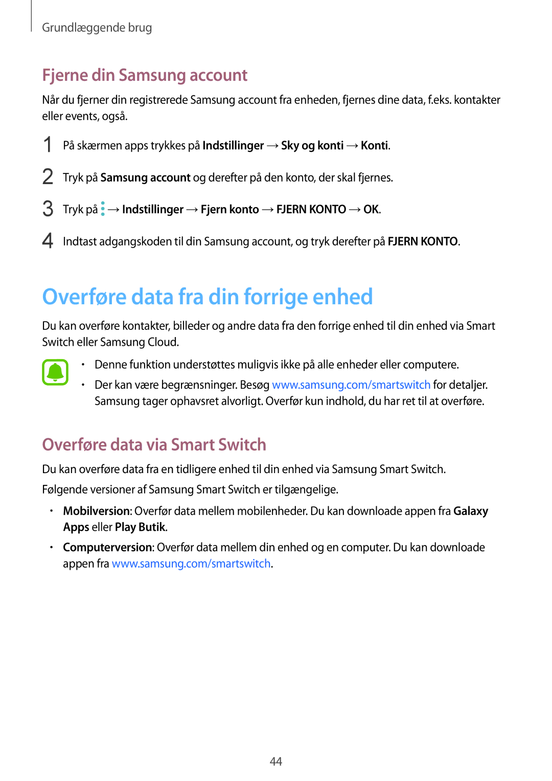 Samsung SM-G920FZKFNEE Overføre data fra din forrige enhed, Fjerne din Samsung account, Overføre data via Smart Switch 