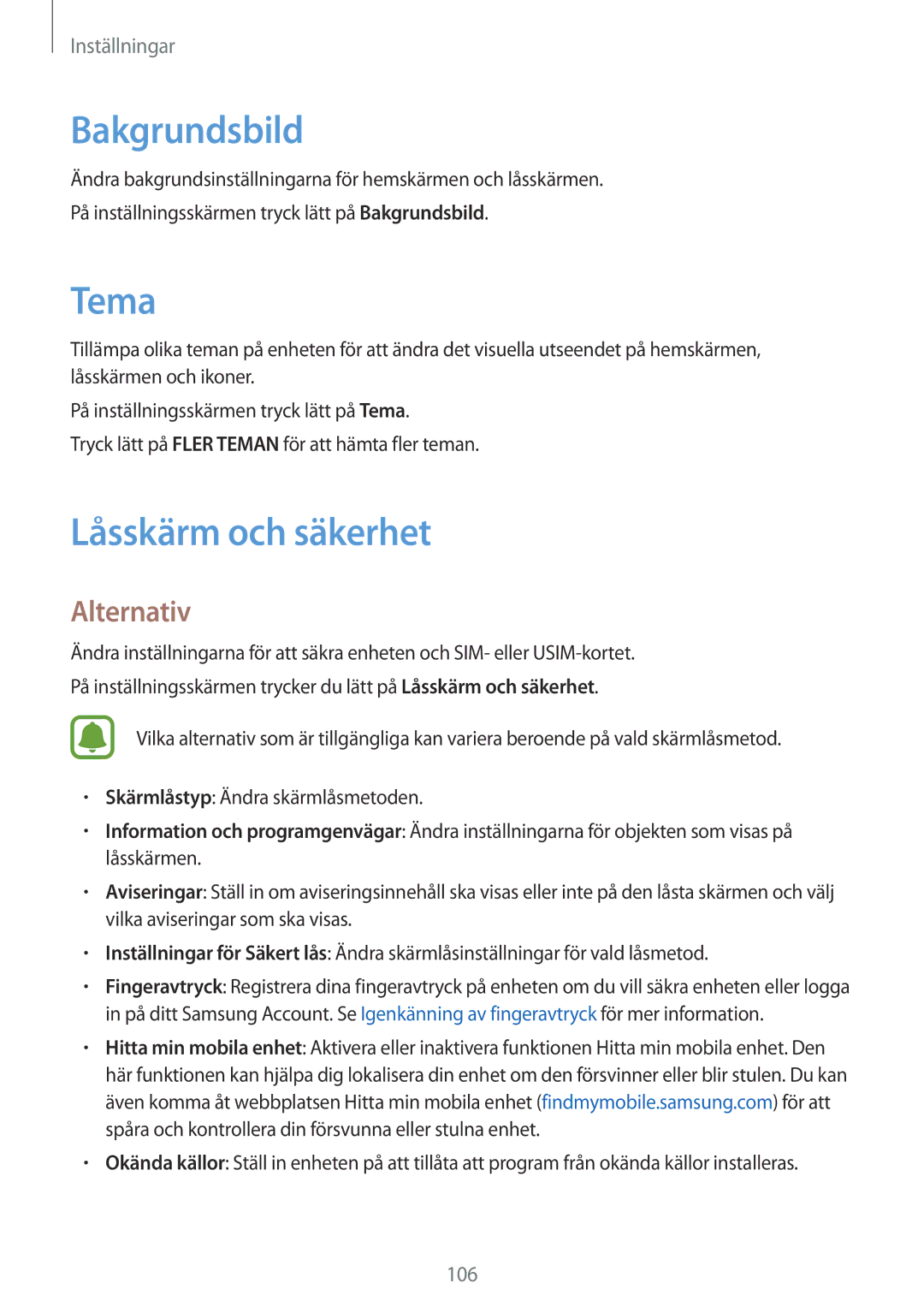 Samsung SM-G920FZWFNEE, SM-G920FZBANEE, SM-G920FZWANEE, SM-G920FZKFNEE manual Bakgrundsbild, Tema, Låsskärm och säkerhet 