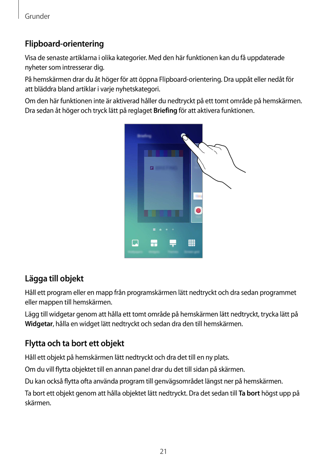 Samsung SM-G920FZKANEE, SM-G920FZBANEE manual Flipboard-orientering, Lägga till objekt, Flytta och ta bort ett objekt 