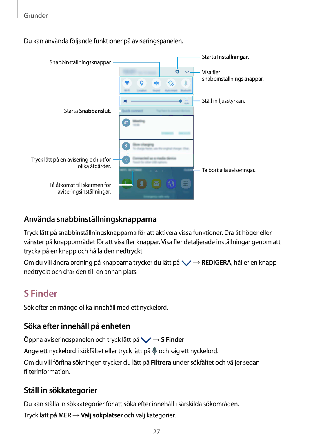 Samsung SM-G920FZKANEE Finder, Använda snabbinställningsknapparna, Söka efter innehåll på enheten, Ställ in sökkategorier 