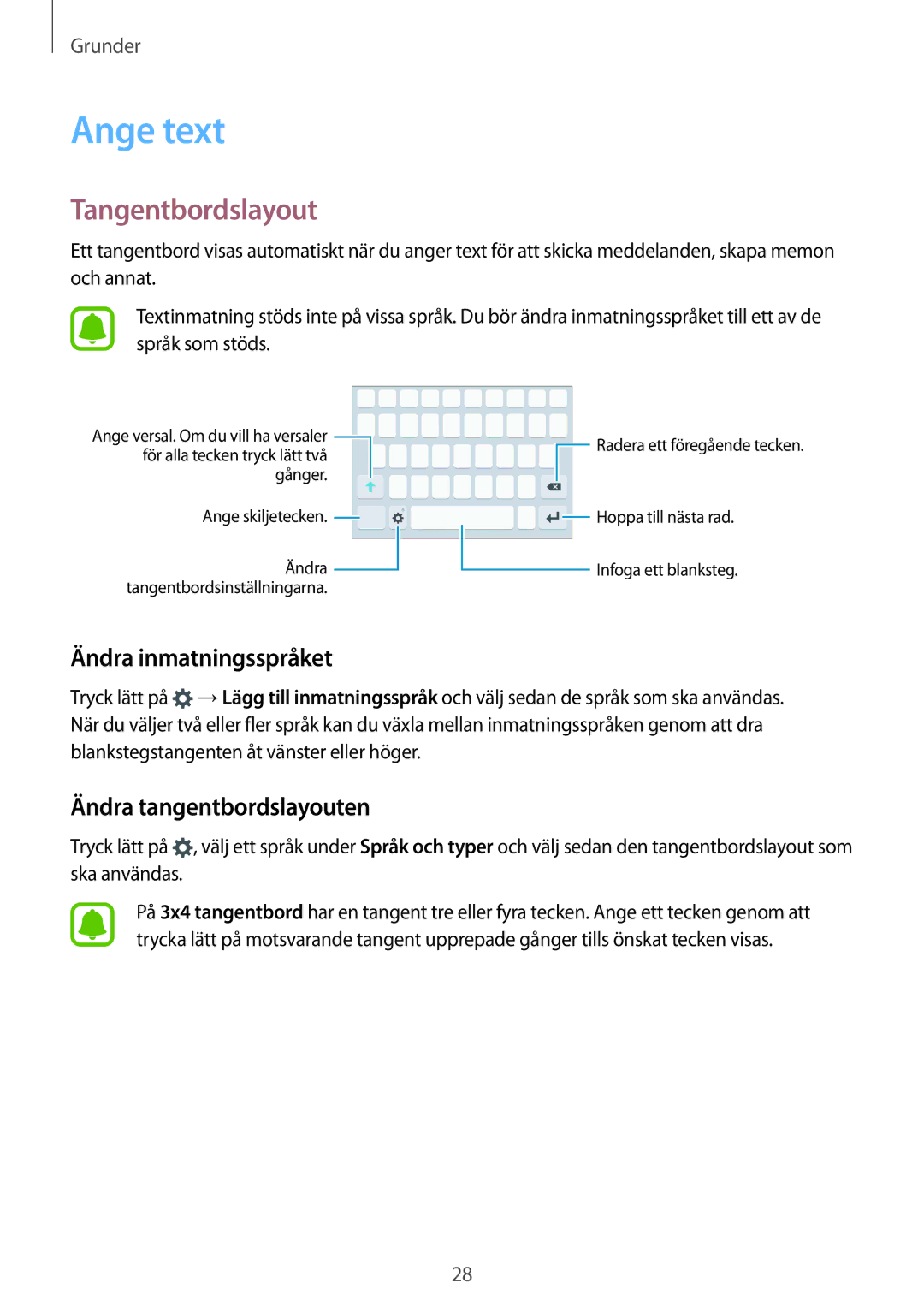 Samsung SM-G920FZWFNEE, SM-G920FZBANEE Ange text, Tangentbordslayout, Ändra inmatningsspråket, Ändra tangentbordslayouten 