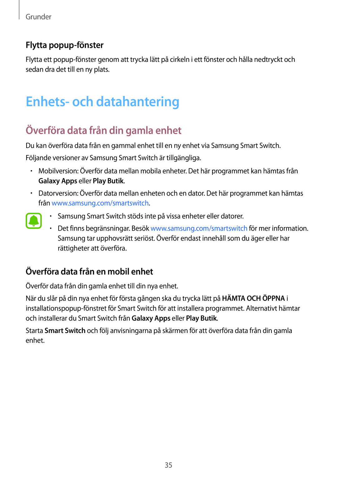 Samsung SM-G920FZDANEE, SM-G920FZBANEE Enhets- och datahantering, Överföra data från din gamla enhet, Flytta popup-fönster 