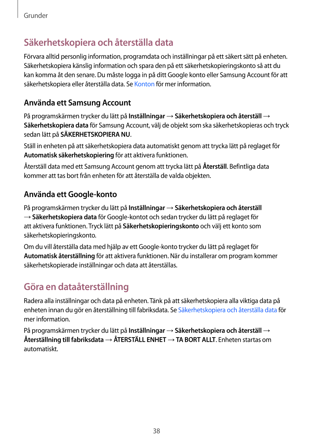 Samsung SM-G920FZKFNEE manual Säkerhetskopiera och återställa data, Göra en dataåterställning, Använda ett Samsung Account 