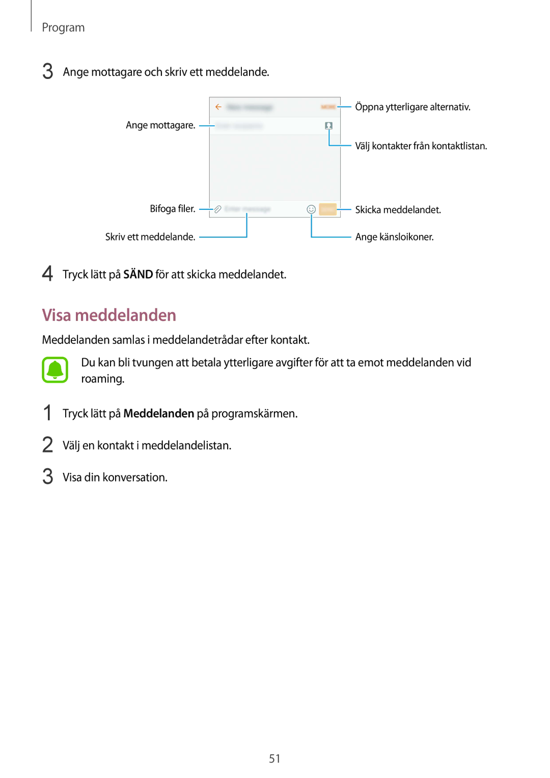 Samsung SM-G920FZKANEE, SM-G920FZBANEE, SM-G920FZWANEE manual Visa meddelanden, Ange mottagare och skriv ett meddelande 