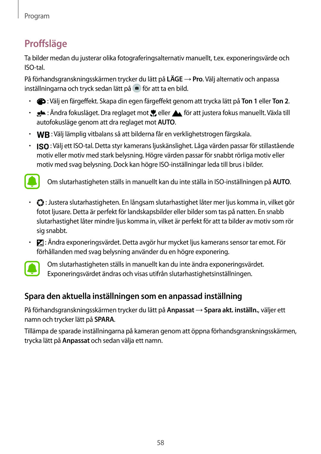 Samsung SM-G920FZWFNEE, SM-G920FZBANEE manual Proffsläge, Spara den aktuella inställningen som en anpassad inställning 