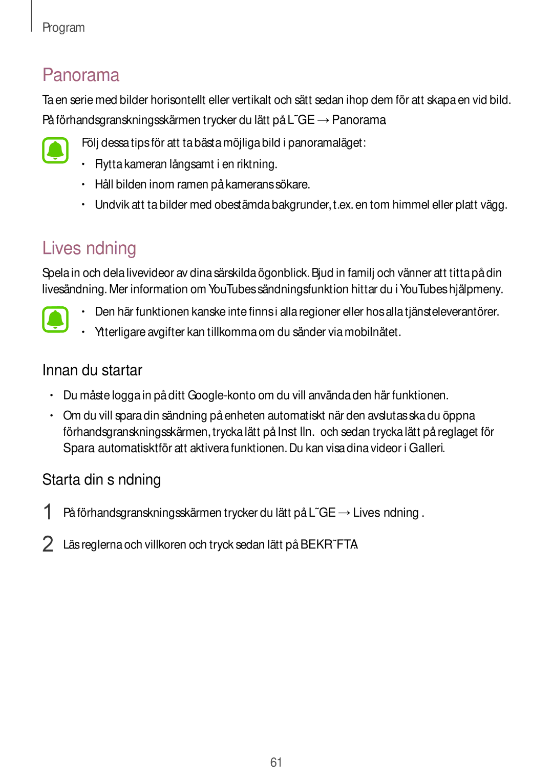 Samsung SM-G920FZWANEE, SM-G920FZBANEE, SM-G920FZKFNEE manual Panorama, Livesändning, Innan du startar, Starta din sändning 