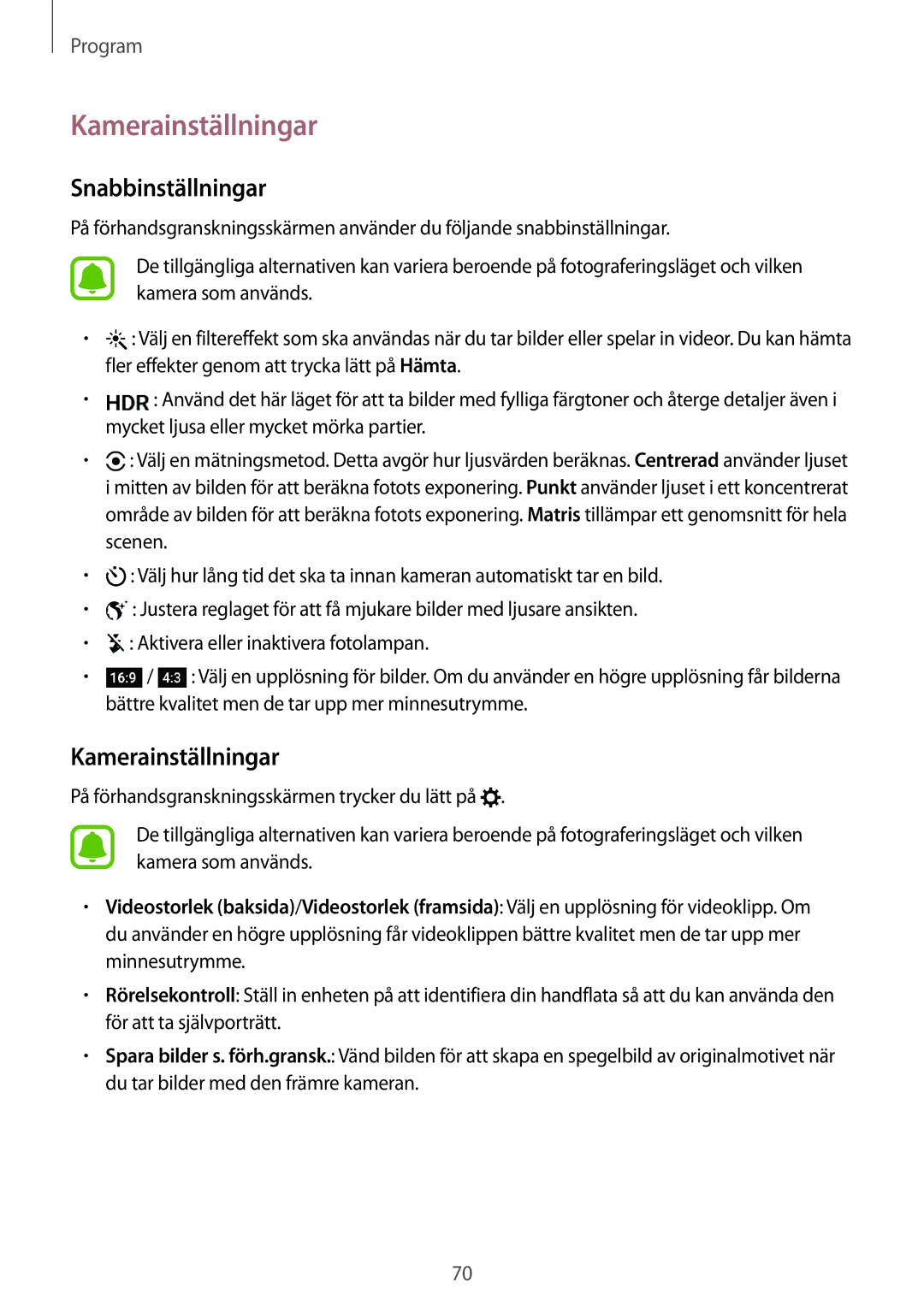 Samsung SM-G920FZWFNEE, SM-G920FZBANEE, SM-G920FZWANEE, SM-G920FZKFNEE manual Kamerainställningar, Snabbinställningar 