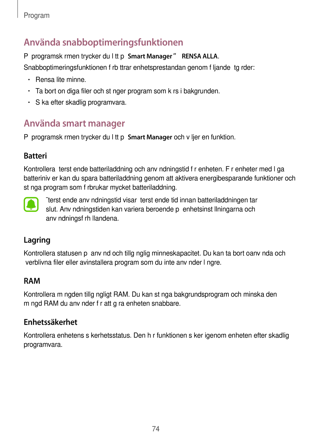 Samsung SM-G920FZKFNEE manual Använda snabboptimeringsfunktionen, Använda smart manager, Batteri, Lagring, Enhetssäkerhet 