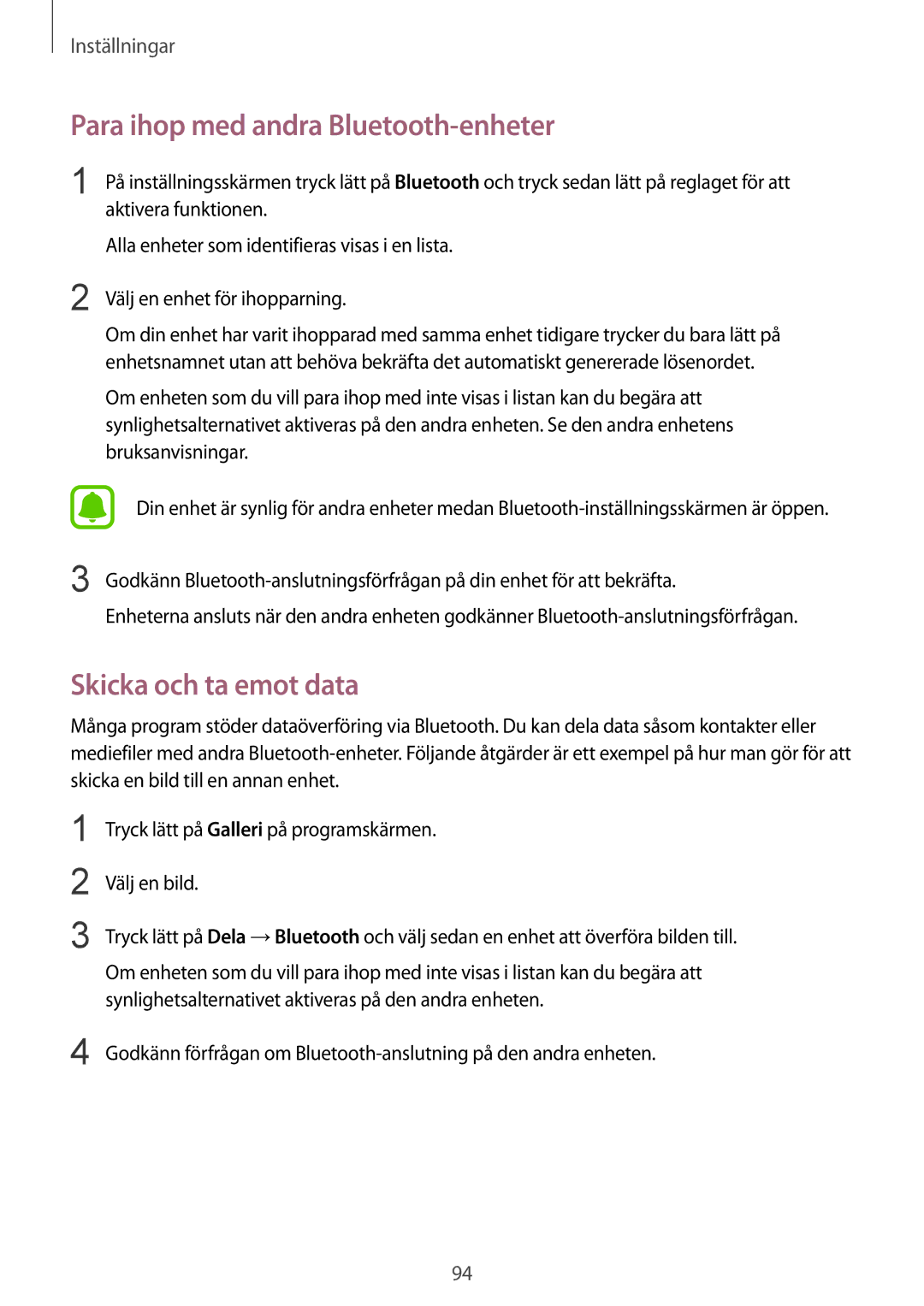 Samsung SM-G920FZWFNEE, SM-G920FZBANEE, SM-G920FZWANEE manual Para ihop med andra Bluetooth-enheter, Skicka och ta emot data 