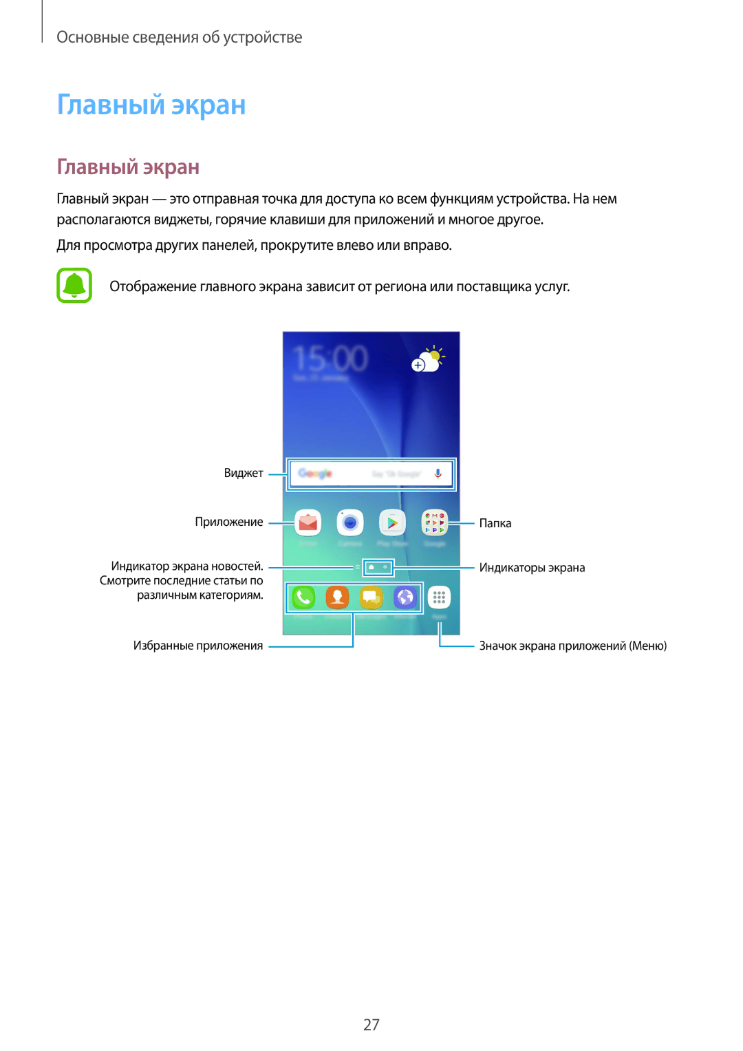 Samsung SM-G920FZKASER, SM-G920FZBASEB, SM-G920FZWUSER, SM-G920FZKVSER, SM-G920FZWASER, SM-G920FZDASER manual Главный экран 