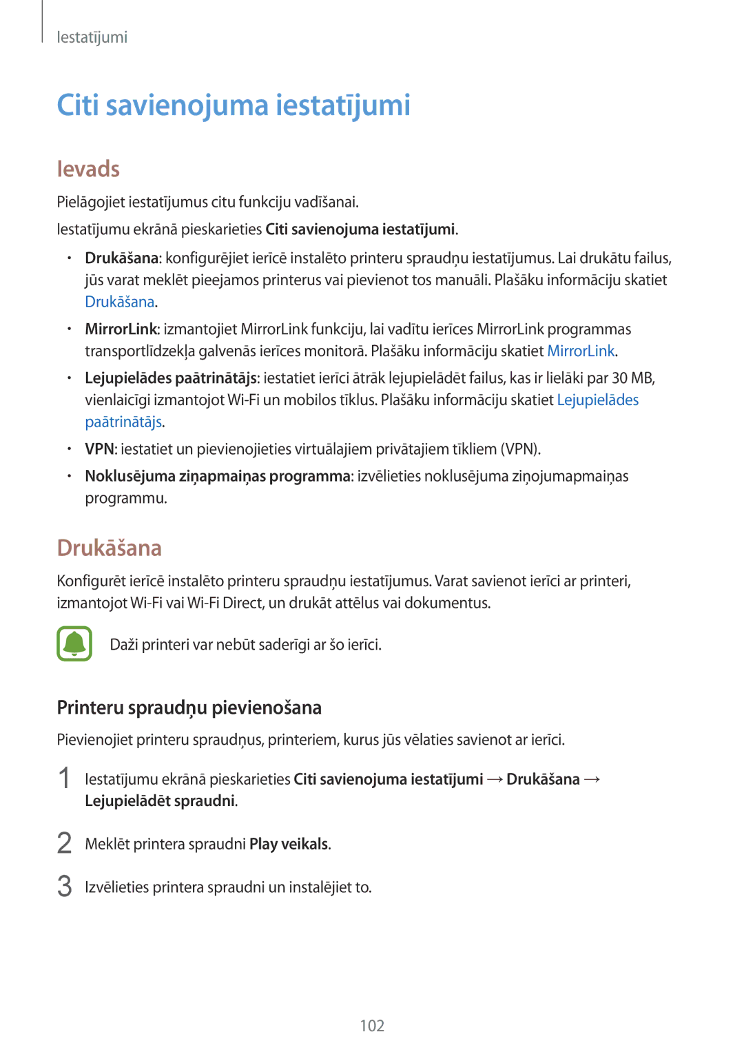 Samsung SM-G920FZBASEB manual Citi savienojuma iestatījumi, Drukāšana, Printeru spraudņu pievienošana 