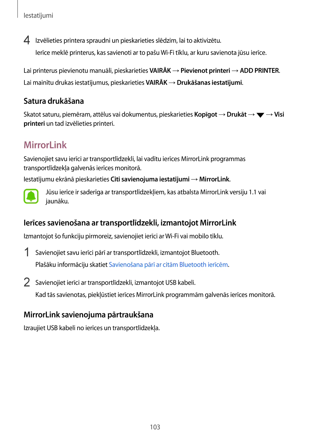 Samsung SM-G920FZBASEB manual Satura drukāšana, MirrorLink savienojuma pārtraukšana 