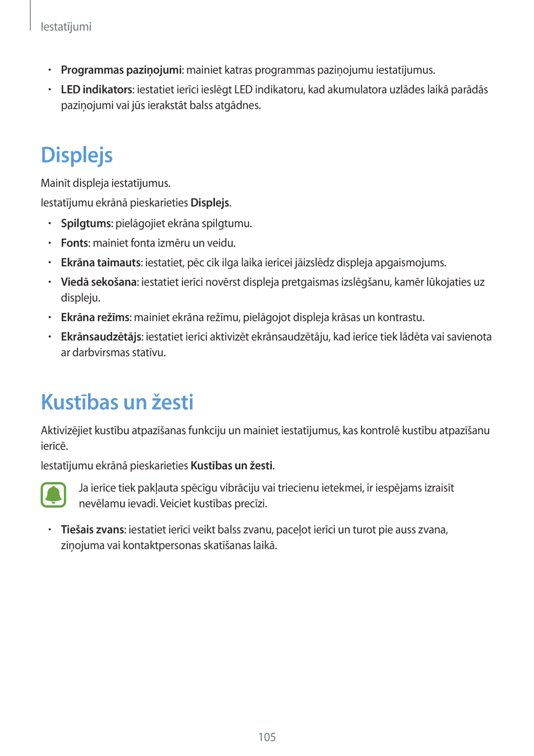 Samsung SM-G920FZBASEB manual Displejs, Kustības un žesti 