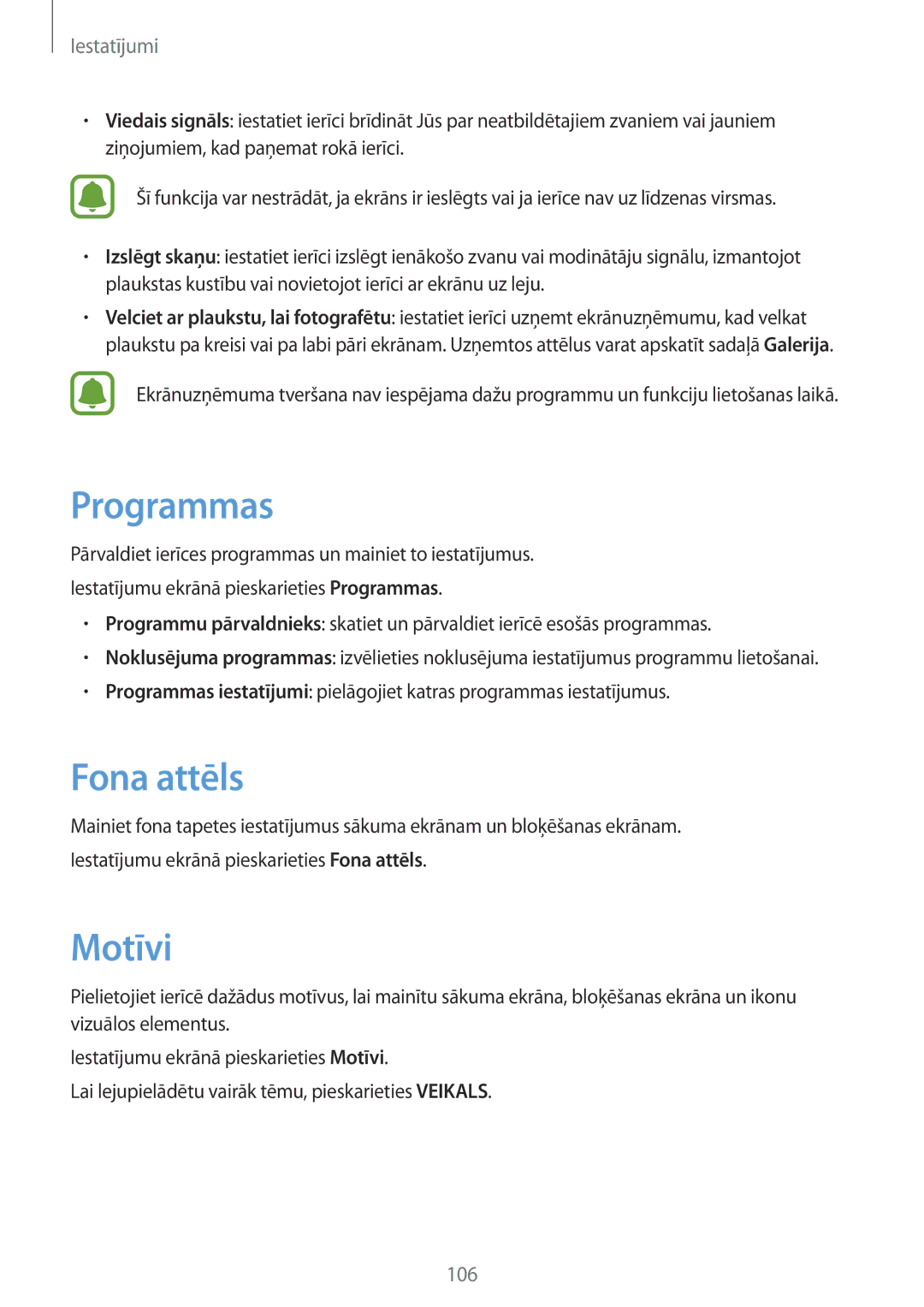 Samsung SM-G920FZBASEB manual Programmas, Fona attēls, Motīvi 