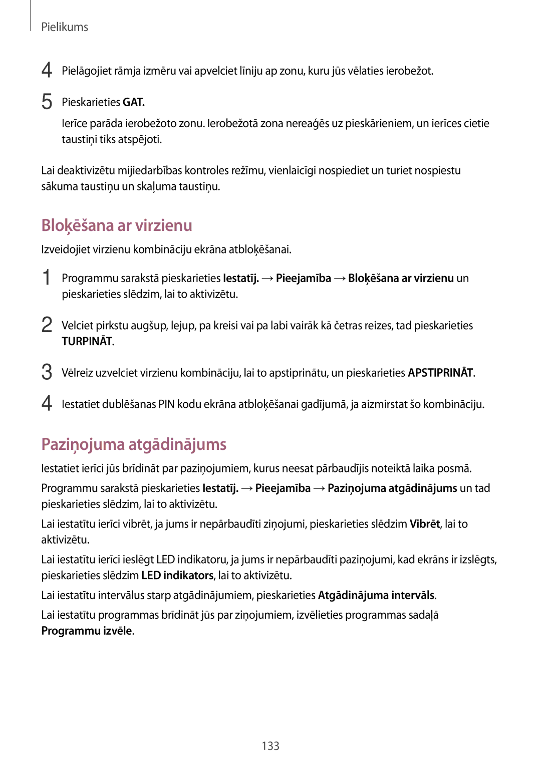 Samsung SM-G920FZBASEB manual Bloķēšana ar virzienu, Paziņojuma atgādinājums 