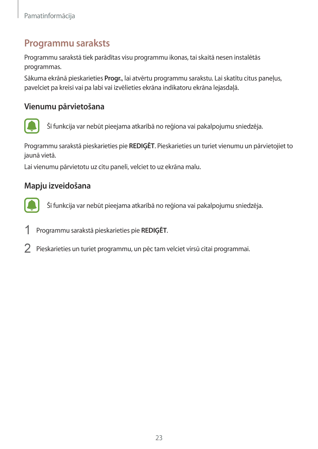 Samsung SM-G920FZBASEB manual Programmu saraksts, Vienumu pārvietošana 