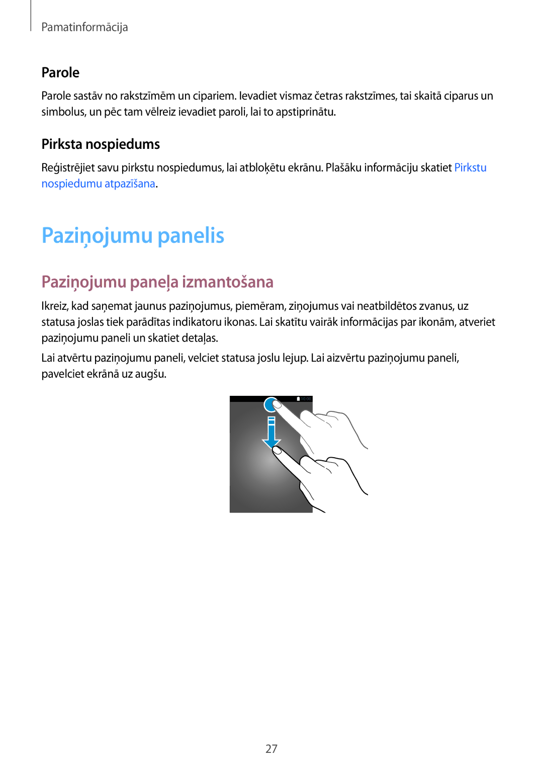 Samsung SM-G920FZBASEB manual Paziņojumu panelis, Paziņojumu paneļa izmantošana, Parole, Pirksta nospiedums 