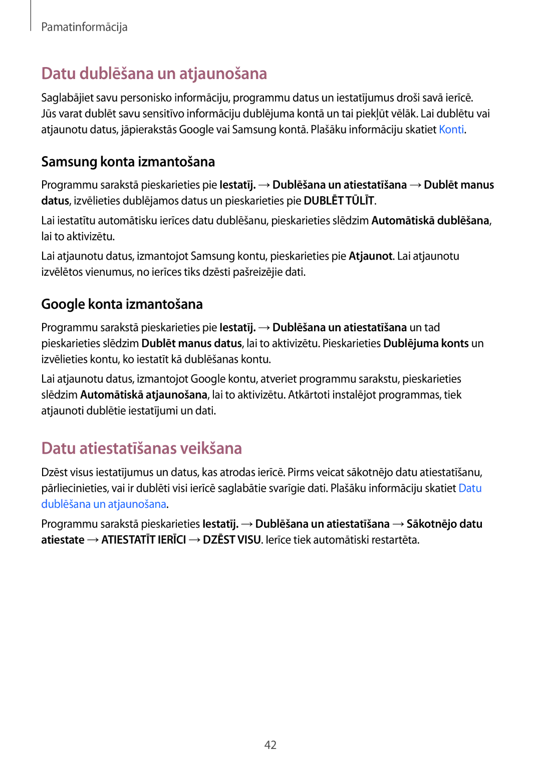 Samsung SM-G920FZBASEB manual Datu dublēšana un atjaunošana, Datu atiestatīšanas veikšana, Samsung konta izmantošana 