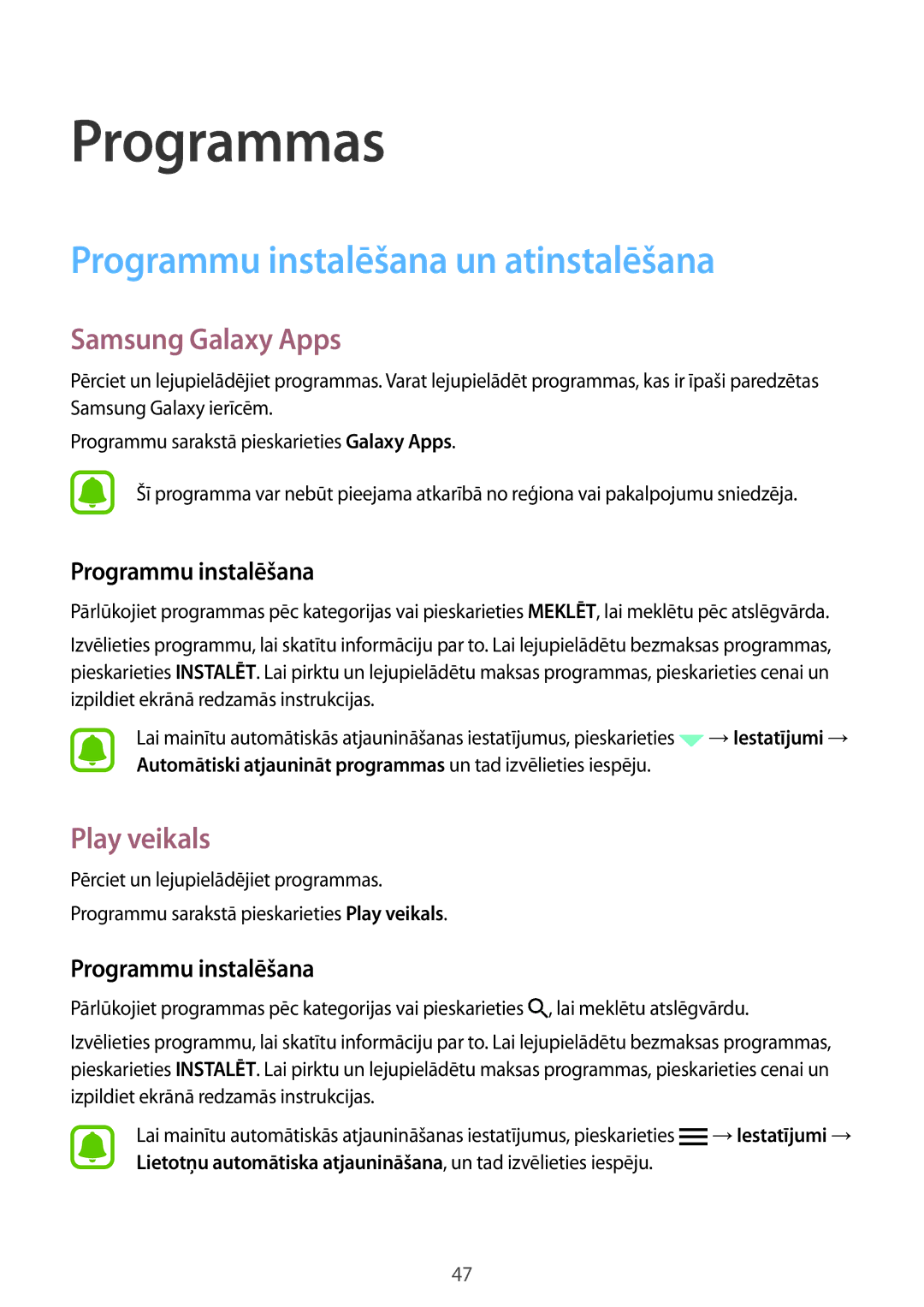 Samsung SM-G920FZBASEB manual Programmu instalēšana un atinstalēšana, Samsung Galaxy Apps, Play veikals 