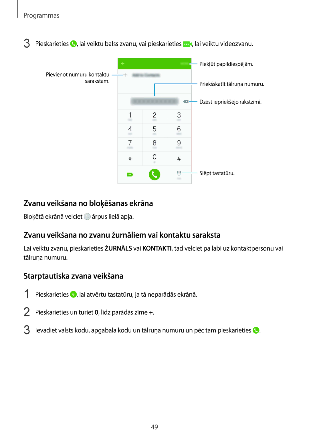 Samsung SM-G920FZBASEB manual Zvanu veikšana no bloķēšanas ekrāna, Zvanu veikšana no zvanu žurnāliem vai kontaktu saraksta 