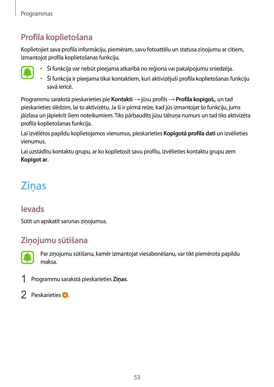 Samsung SM-G920FZBASEB manual Ziņas, Profila koplietošana, Ziņojumu sūtīšana 