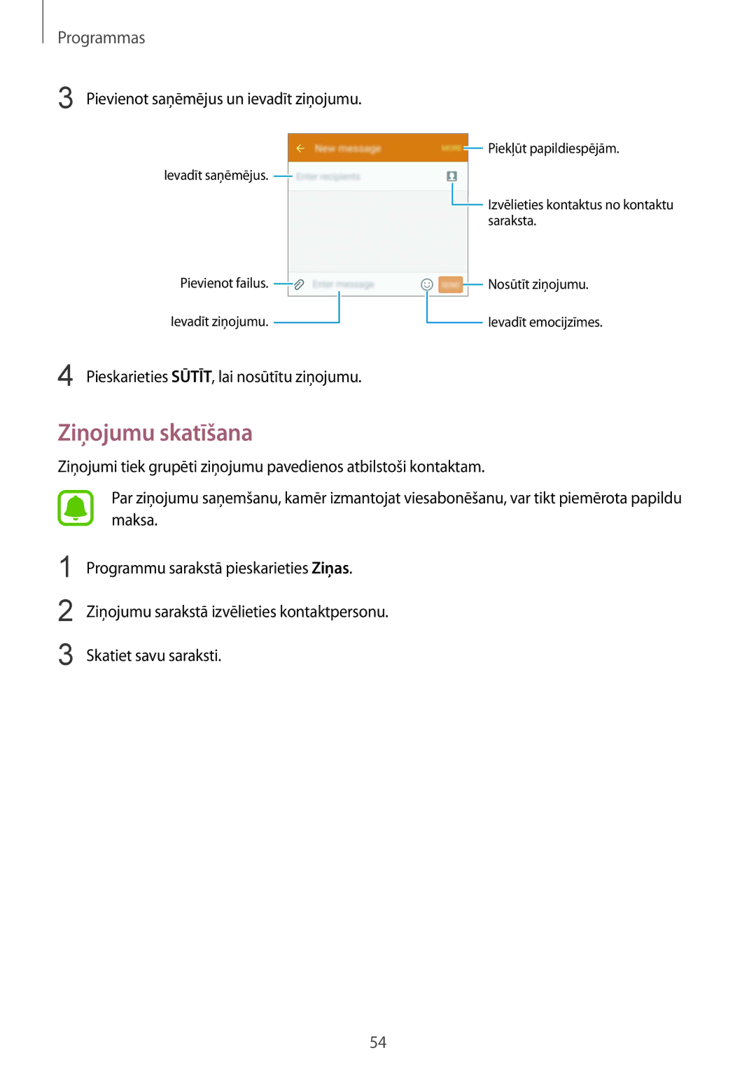 Samsung SM-G920FZBASEB manual Ziņojumu skatīšana, Pievienot saņēmējus un ievadīt ziņojumu 