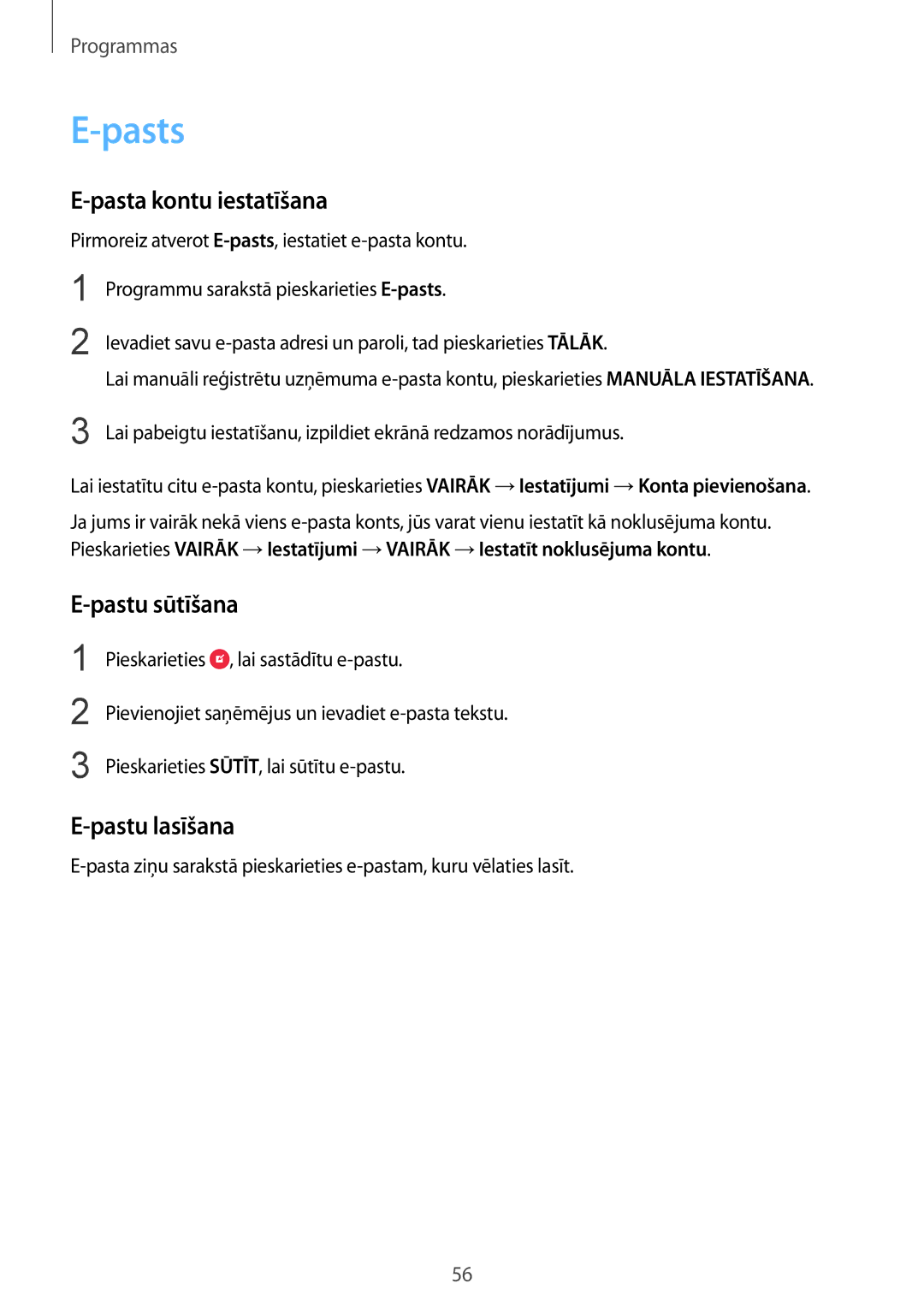 Samsung SM-G920FZBASEB manual Pasts, Pasta kontu iestatīšana, Pastu sūtīšana, Pastu lasīšana 