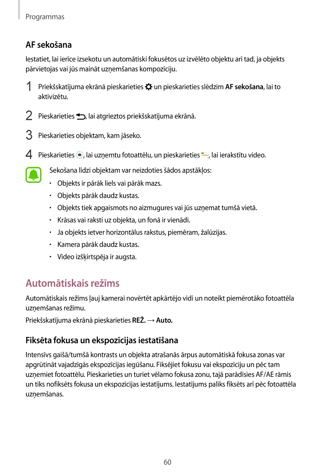 Samsung SM-G920FZBASEB manual Automātiskais režīms, AF sekošana, Fiksēta fokusa un ekspozīcijas iestatīšana 