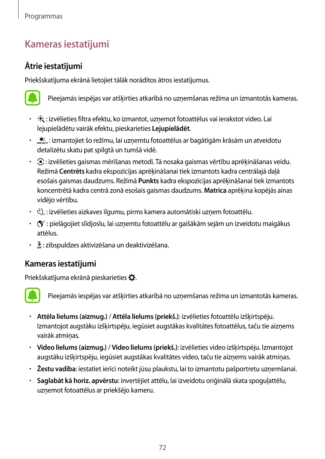 Samsung SM-G920FZBASEB manual Kameras iestatījumi, Ātrie iestatījumi 