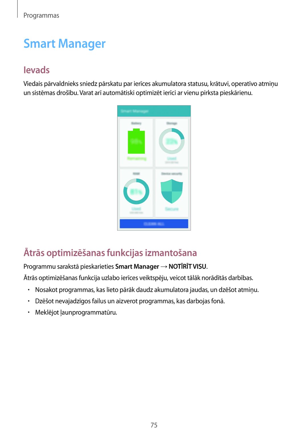 Samsung SM-G920FZBASEB manual Smart Manager, Ātrās optimizēšanas funkcijas izmantošana 