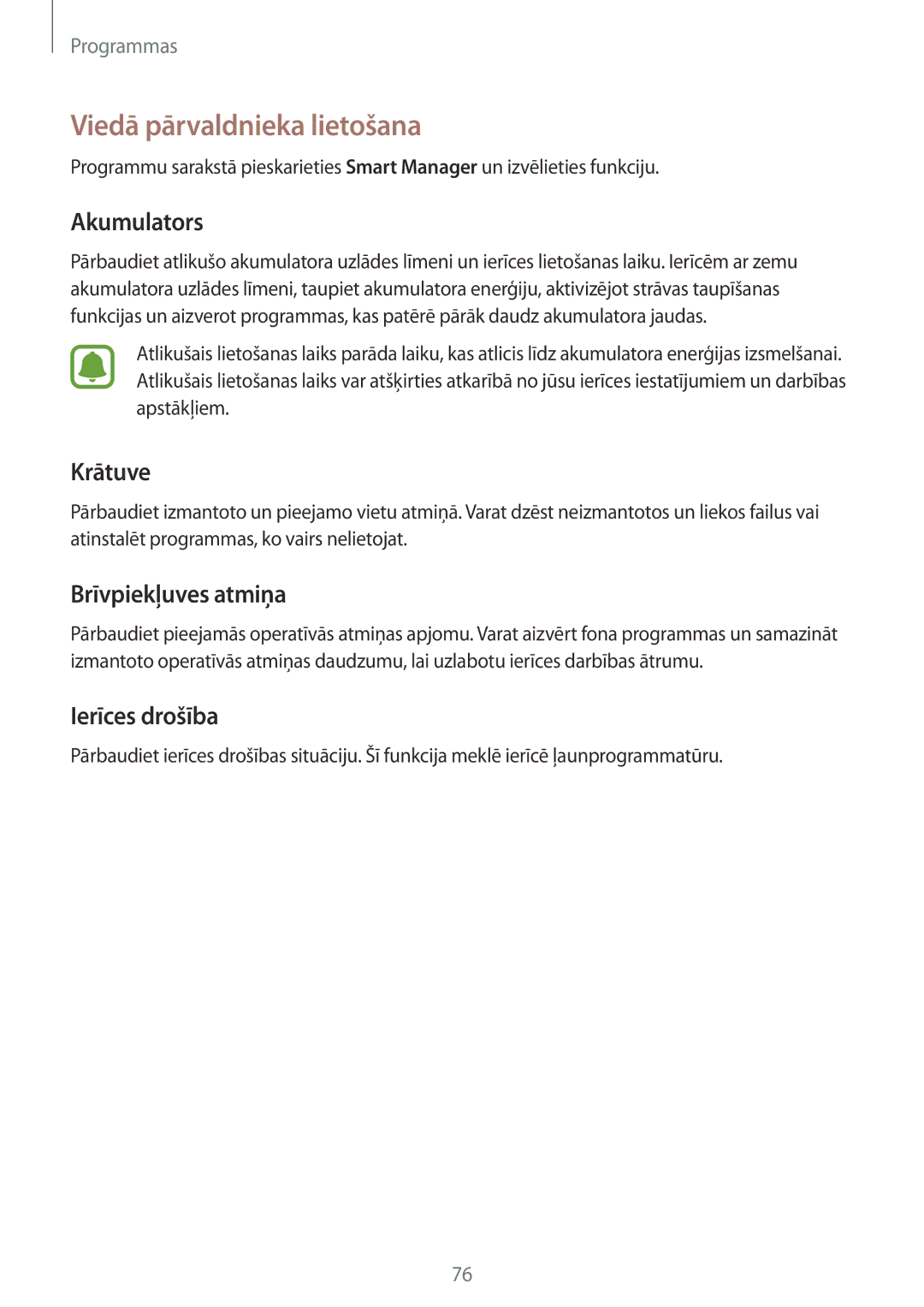 Samsung SM-G920FZBASEB manual Viedā pārvaldnieka lietošana, Akumulators, Krātuve, Brīvpiekļuves atmiņa, Ierīces drošība 