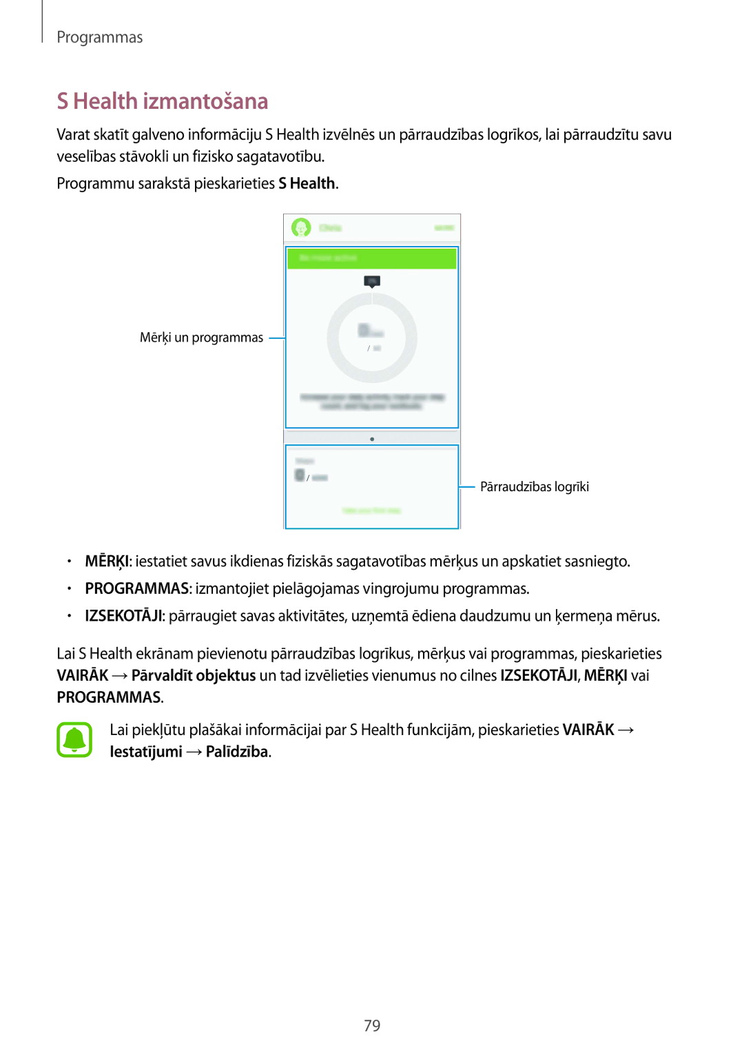 Samsung SM-G920FZBASEB manual Health izmantošana, Programmas 