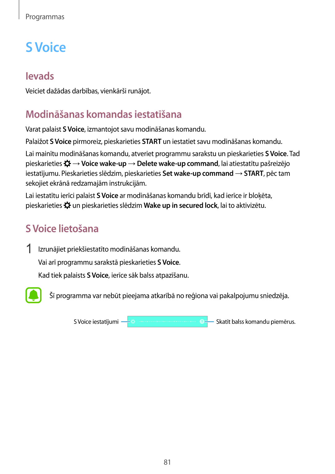 Samsung SM-G920FZBASEB manual Modināšanas komandas iestatīšana, Voice lietošana 