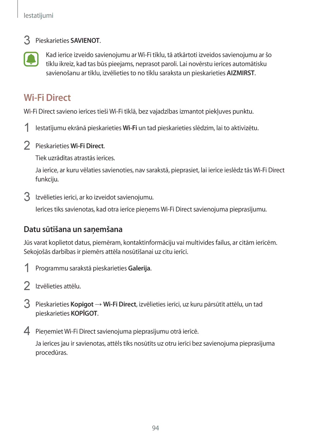 Samsung SM-G920FZBASEB manual Wi-Fi Direct, Datu sūtīšana un saņemšana 