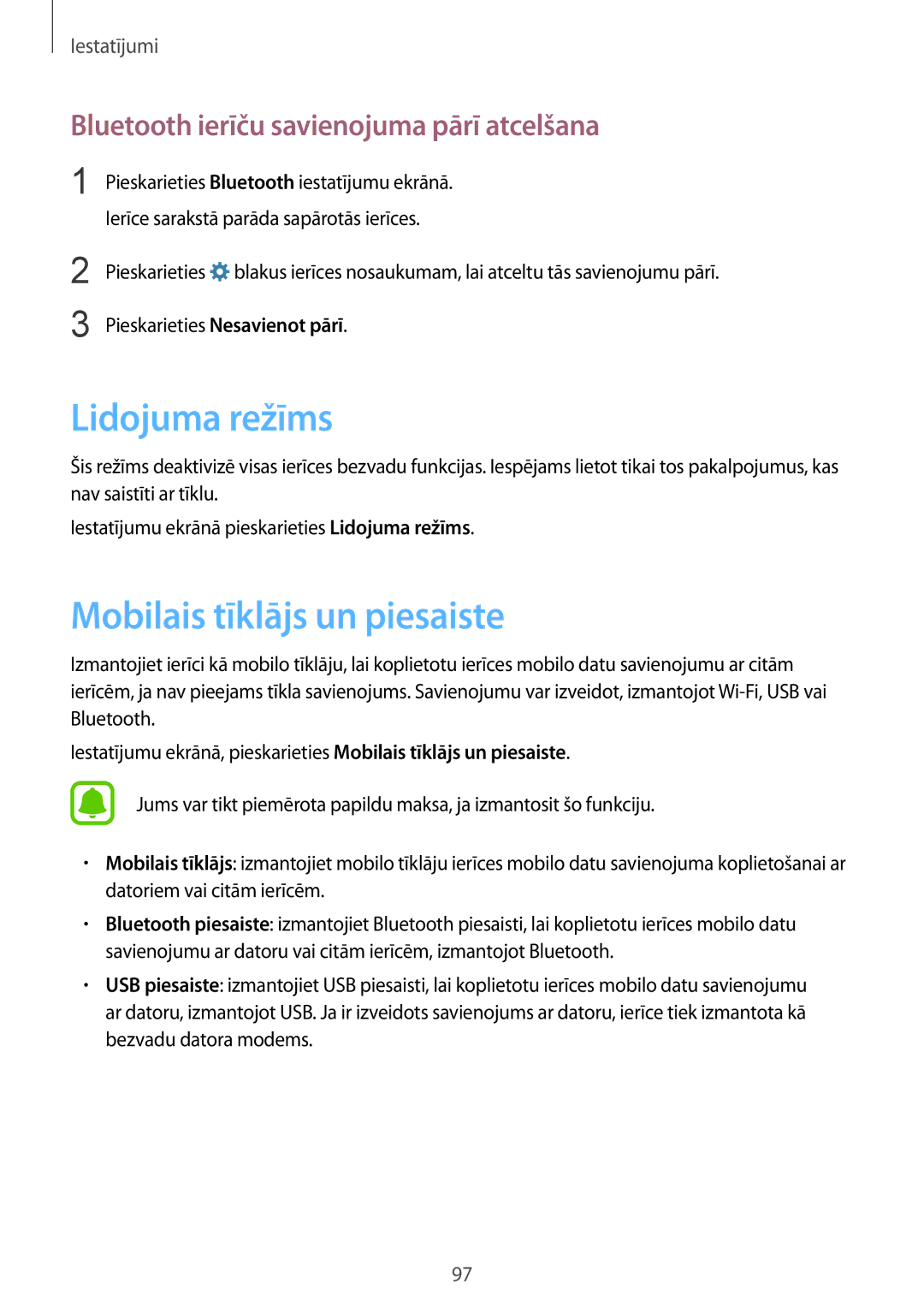 Samsung SM-G920FZBASEB manual Lidojuma režīms, Mobilais tīklājs un piesaiste, Bluetooth ierīču savienojuma pārī atcelšana 