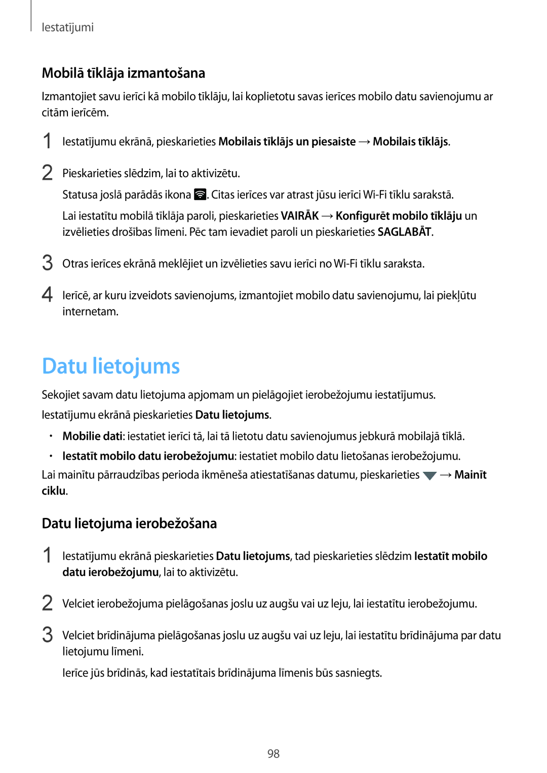 Samsung SM-G920FZBASEB manual Datu lietojums, Mobilā tīklāja izmantošana, Datu lietojuma ierobežošana 