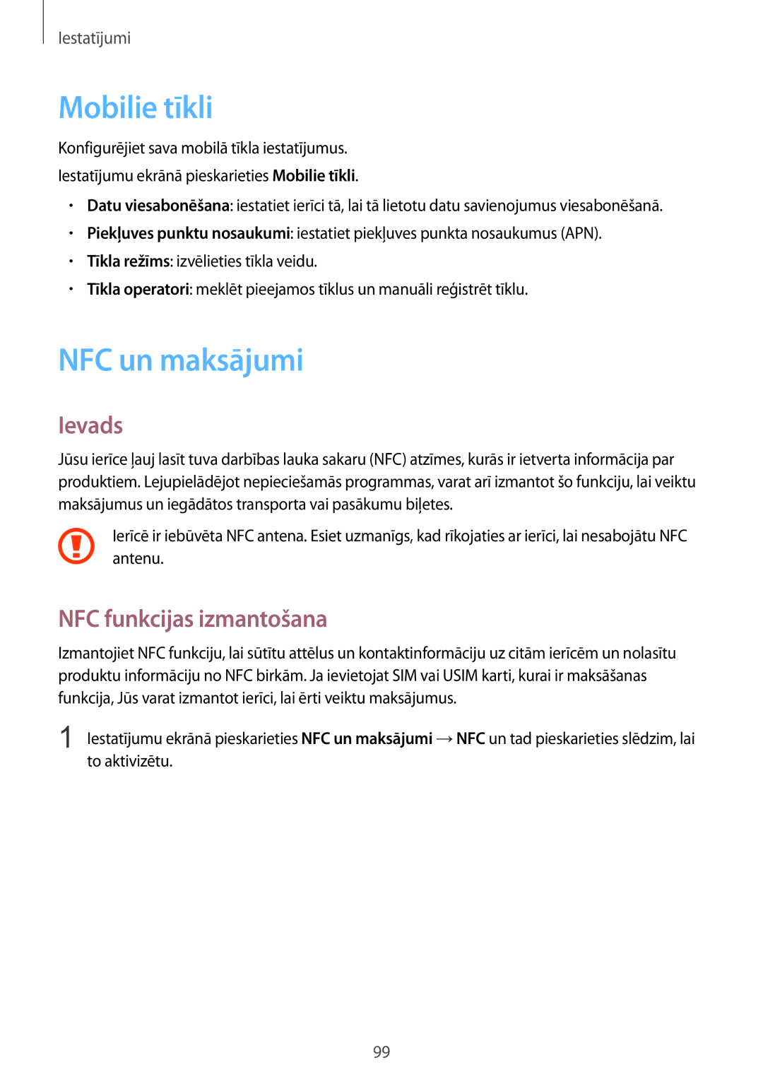 Samsung SM-G920FZBASEB manual Mobilie tīkli, NFC un maksājumi, NFC funkcijas izmantošana 