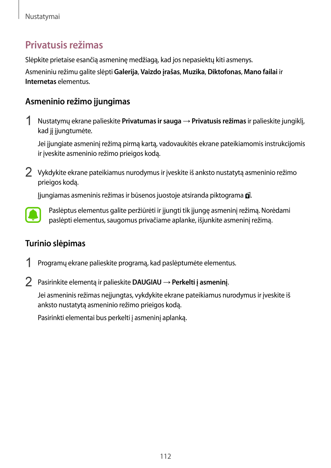 Samsung SM-G920FZBASEB manual Privatusis režimas, Asmeninio režimo įjungimas, Turinio slėpimas 