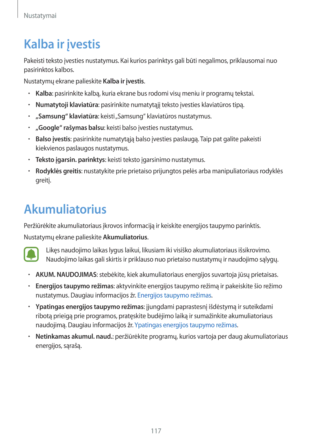 Samsung SM-G920FZBASEB manual Kalba ir įvestis, Akumuliatorius 