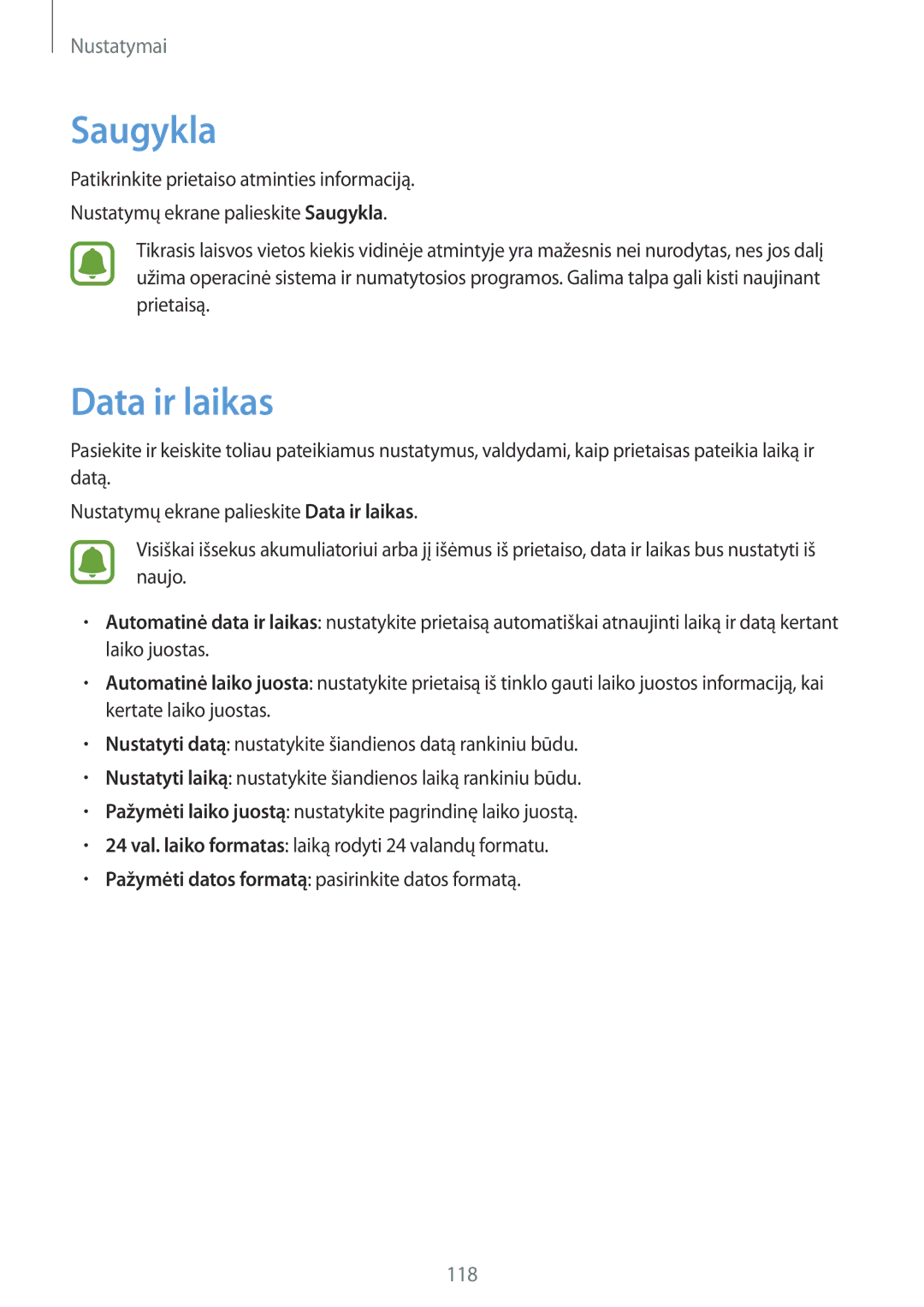 Samsung SM-G920FZBASEB manual Saugykla, Data ir laikas 