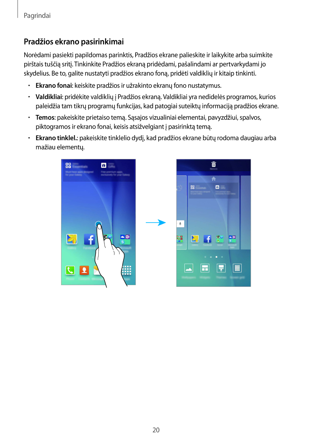 Samsung SM-G920FZBASEB manual Pradžios ekrano pasirinkimai 