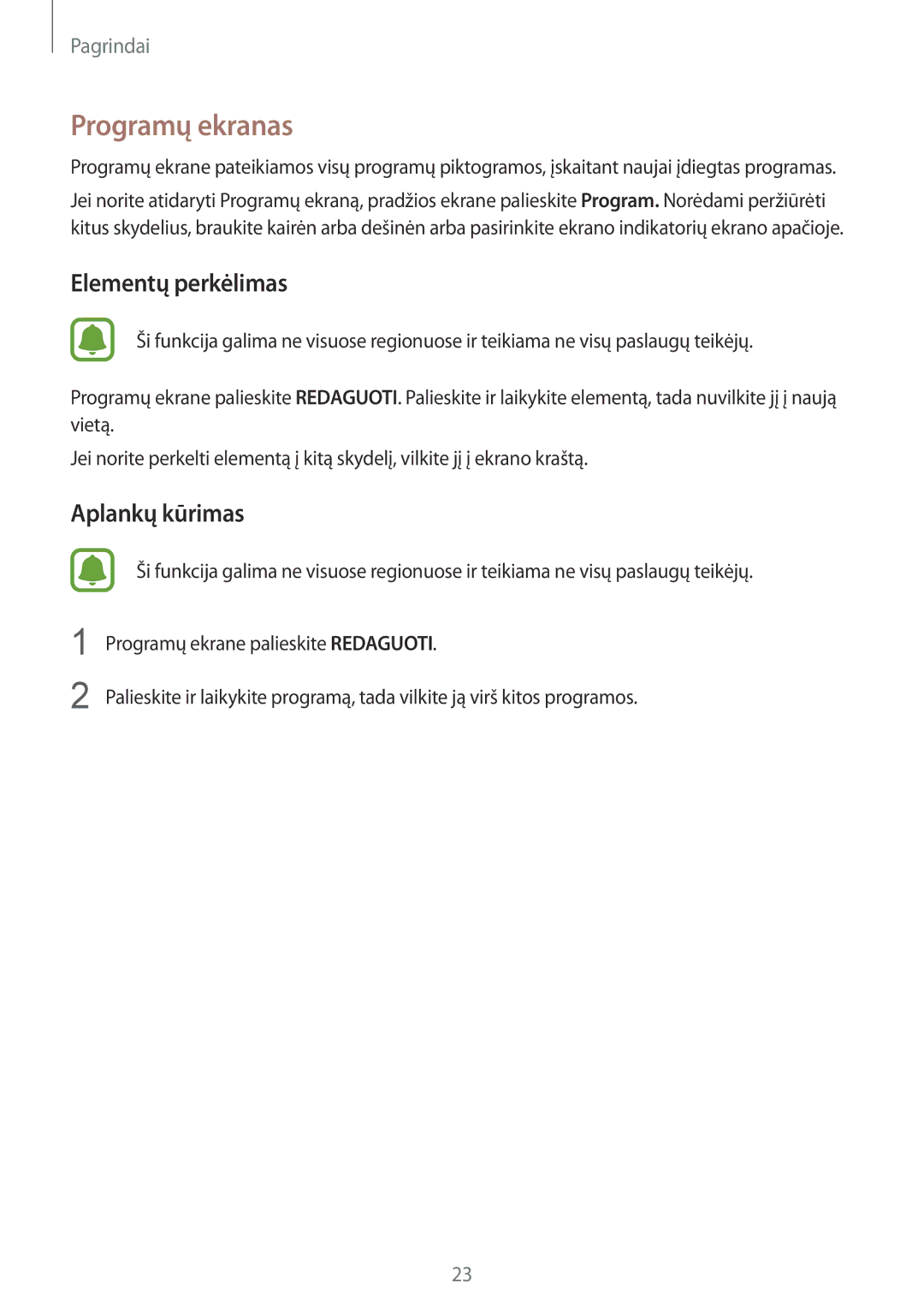 Samsung SM-G920FZBASEB manual Programų ekranas, Elementų perkėlimas 