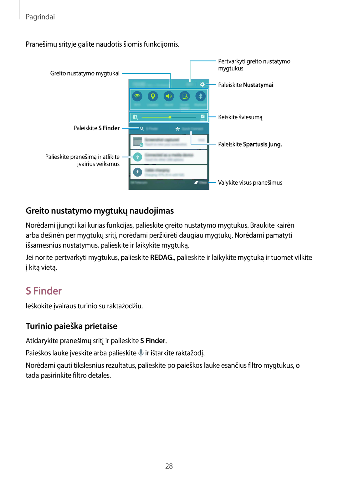 Samsung SM-G920FZBASEB manual Finder, Greito nustatymo mygtukų naudojimas, Turinio paieška prietaise 