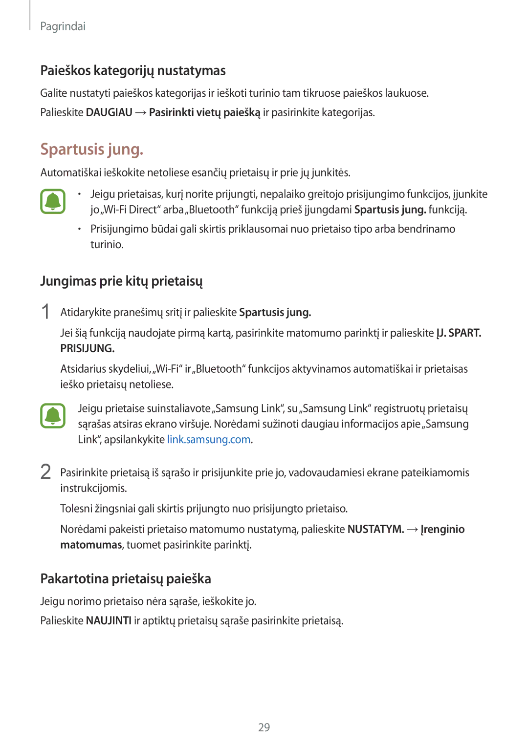 Samsung SM-G920FZBASEB manual Spartusis jung, Paieškos kategorijų nustatymas, Jungimas prie kitų prietaisų 